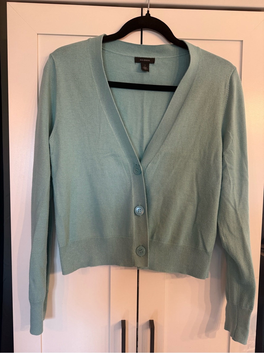 Halogen Fitted V-Neck Cardigan Small Aqua Blue Organic Cotton